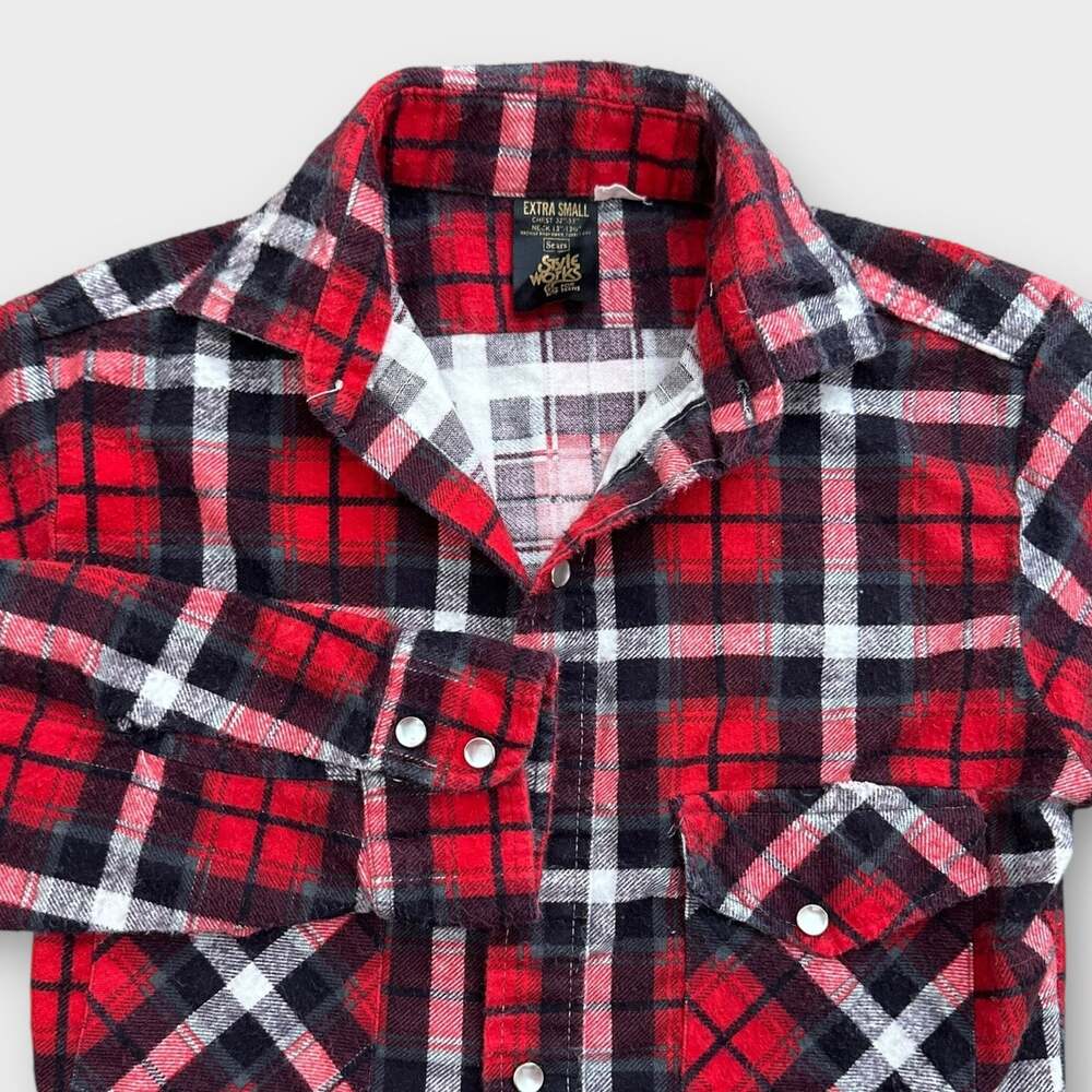 Vintage 70s Sears Style Works Red Buffalo Plaid Flannel Shirt Women’s/Teens XS